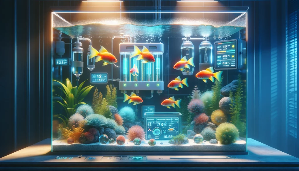 oncept of maintaining ideal conditions for GloFish in an aquarium. The image should showcase a detailed and realistic aq