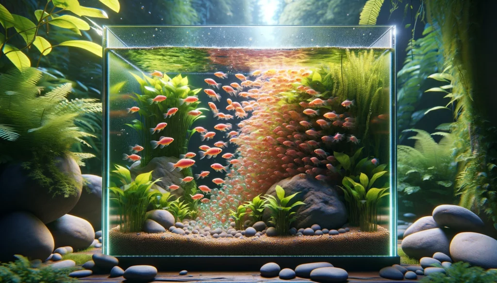 process of GloFish in an aquarium. The scene shows a tranquil, well-maintained aquarium environment wi