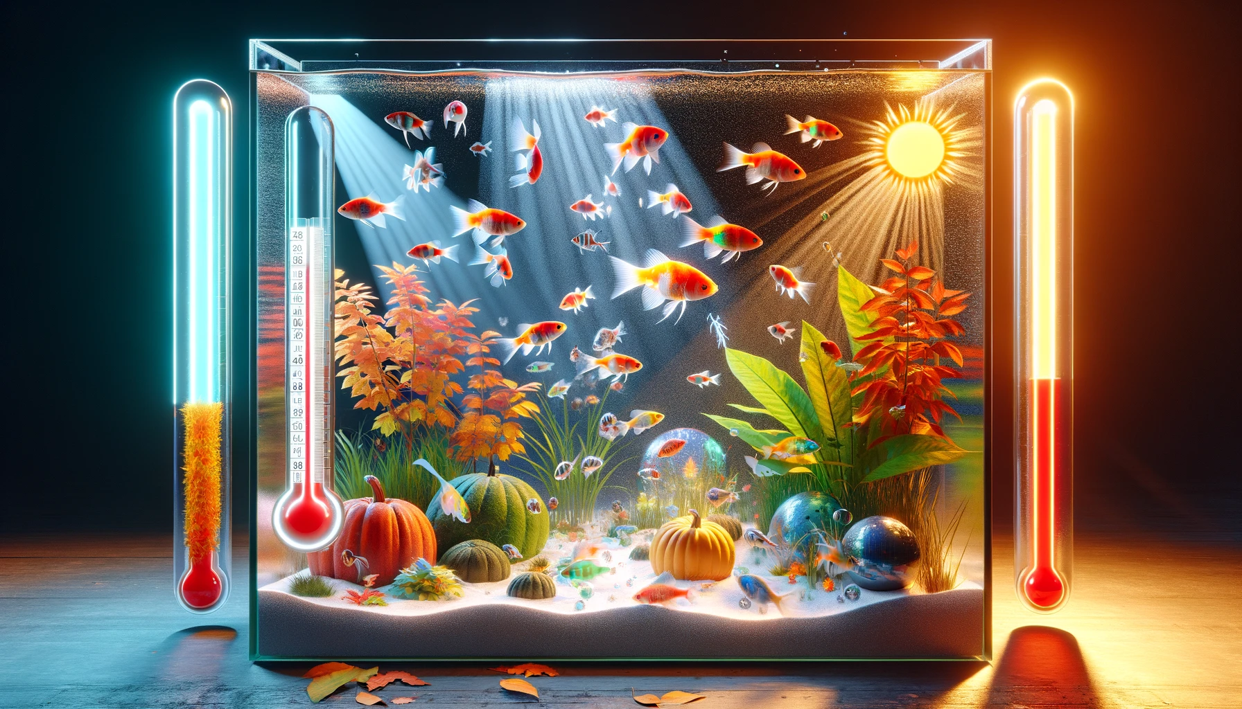 season and temperature on GloFish breeding in an aquarium setting. The image should depict a vivid and real