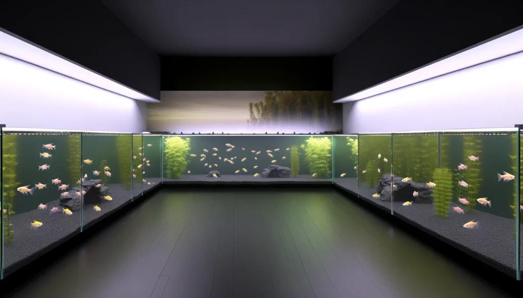 serene and well-organized breeding aquarium setup for GloFish. The environment is designed