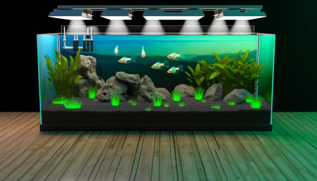 serene and well-organized breeding aquarium setup for GloFish. The environment is designed to mimi