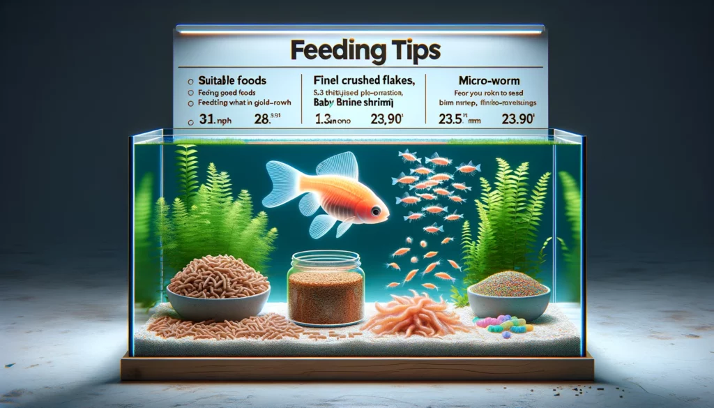 tips for GloFish fry post-hatching, showcasing what and how to feed the young GloFish. The image should feature a var