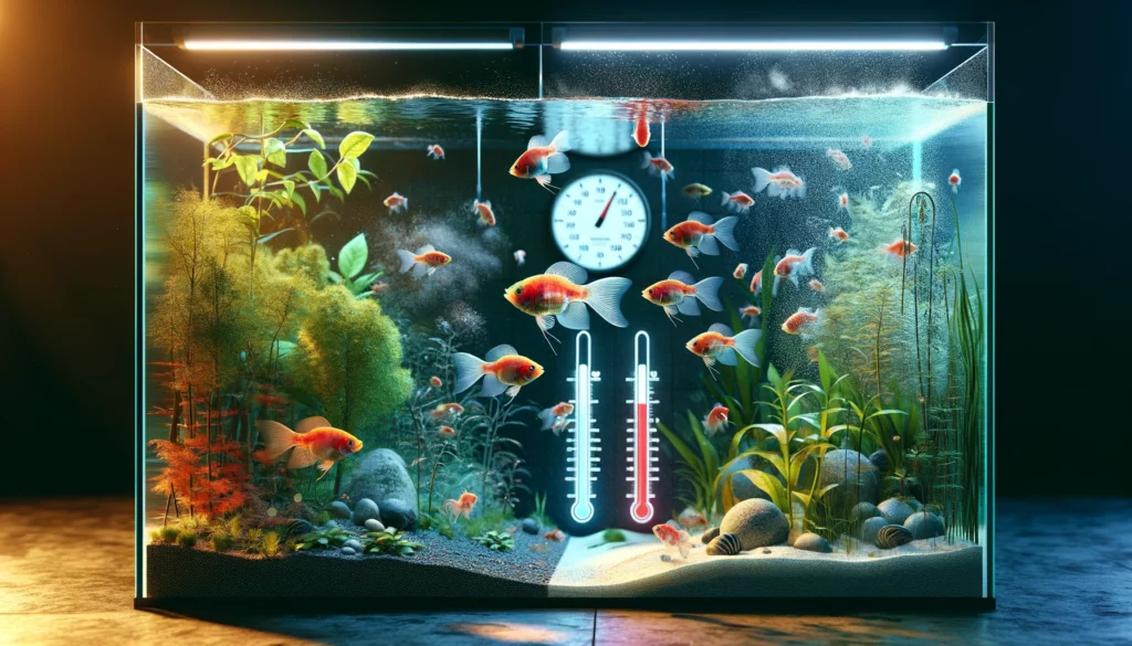 visualizes the influence of season and air temperature on GloFish reproduction. The image should depict an aquarium scene transiti
